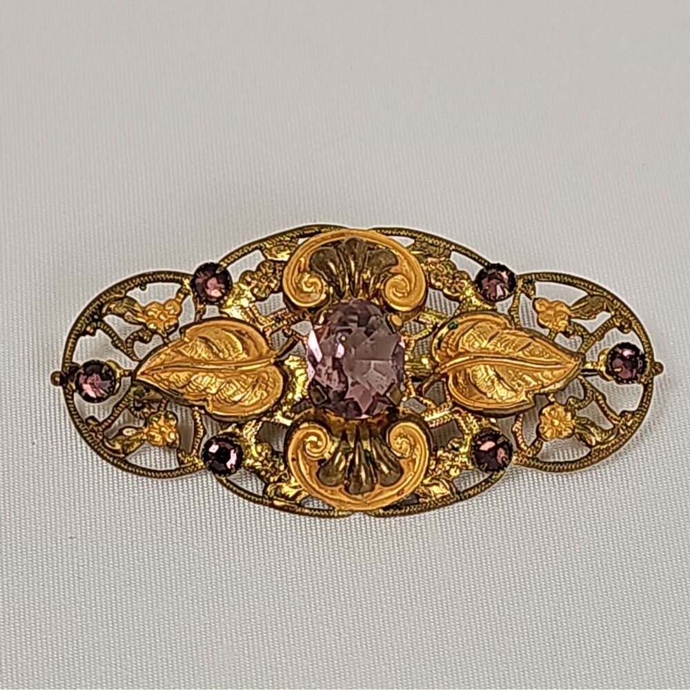 Vintage Purple Rhinestone Floral Brooch Gold Tone Filigree 1940s-60s